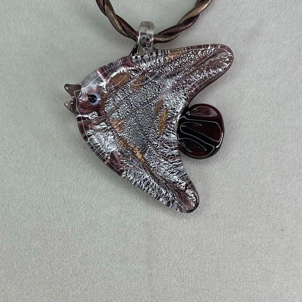 RMN glass ornate fish metallic twisted leather cord necklace.